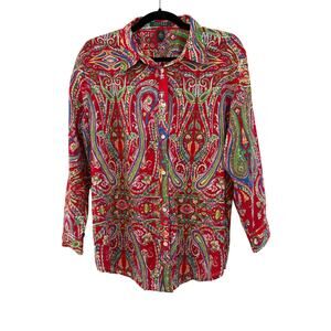 Lauren Ralph Lauren Paisley Button Down Blouse Womens XL Red Boho Chic Artsy
